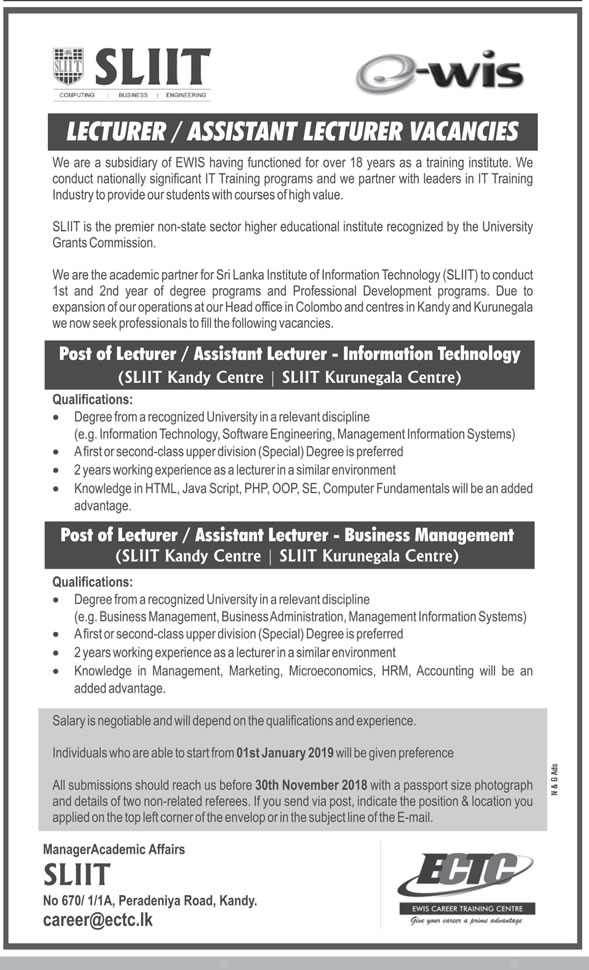 Lecturer, Assistant Lecturer - Sri Lanka Institute of Information Technology (SLIIT)